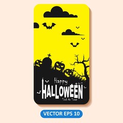 Halloween illustration yellow and  dark vector background, horror, lantern, pumpkin, tree, bat, etc. Good for web backgrounds, cards, posters, greeting cards, etc.