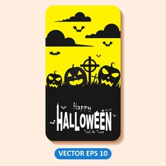 Halloween illustration yellow and  dark vector background, horror, lantern, pumpkin, tree, bat, etc. Good for web backgrounds, cards, posters, greeting cards, etc.