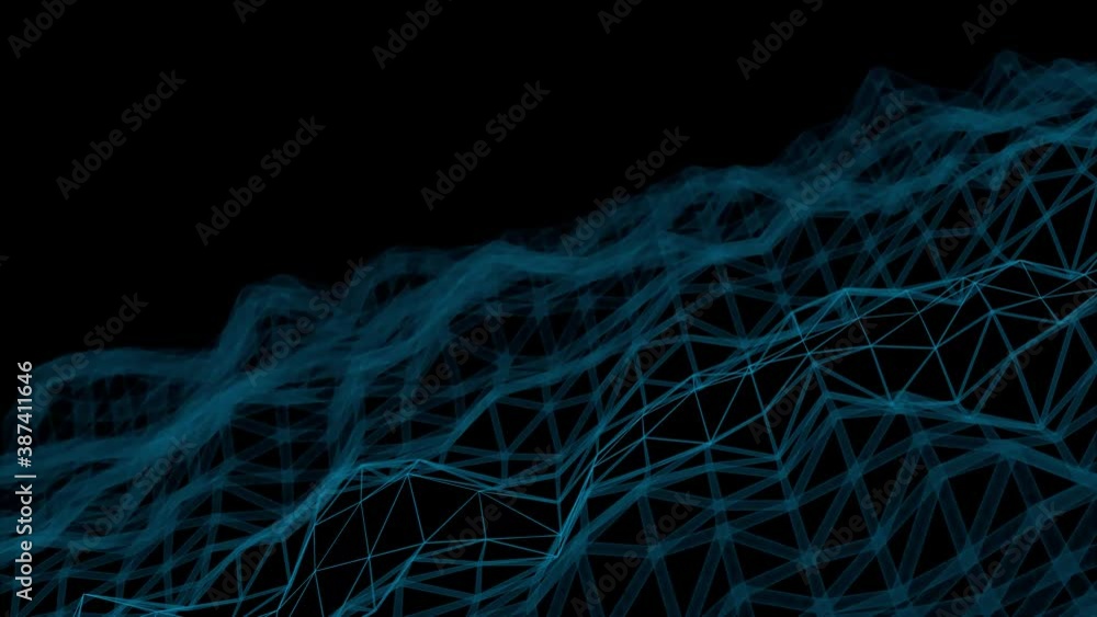 Poster abstract seamless loop blue diagonal placed triangle mesh with bokeh effect polygons moving on black