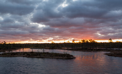 Naklejka premium Swamp lake with islands in sunny day and sunrise