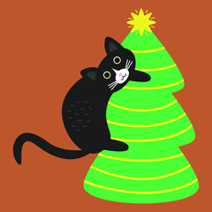 Crazy black cat climbed the Christmas tree. Christmas card. Doodle vector illustration.