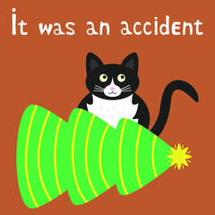 Cute black cat dropped the Christmas tree. It was an accident.  Christmas card. Doodle vector illustration.