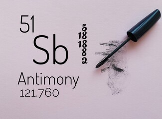 Fototapeta premium Antimony is a chemical element of the periodic table with the symbol Sb and atomic number 51. The symbol Sb with atomic data and mascara. In ancient times antimony has been used as a black eye makeup.