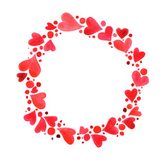 Red heart and dot wreath watercolor hand painting for decoration on Valentine's day and wedding events.