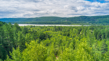Naklejka premium Panorama from the top of the observation tower in Parc des Chutes-de-la-Petite-Rivière-Bostonnais, La Tuque, Quebec, Canada
