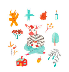 Watercolor set of cute Christmas animals hand drawn in orange, blue colors.Clip art Christmas steers,cookies,twigs,berries,gifts on a white isolated background.Design for cards,banners,advertising.