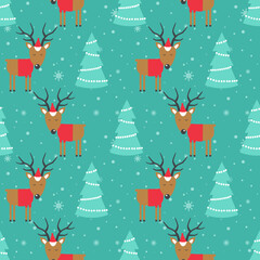 Colorful background with deers, fir trees, snow. Decorative cute backdrop vector. Happy New Year, seamless pattern with animals. Winter time