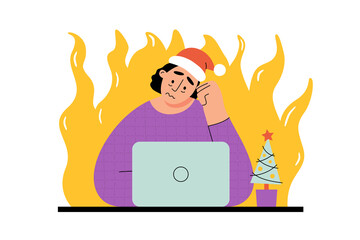 Work deadline before winter new year holidays. Sad girl with laptop and christmas tree having burnout vector illustration.