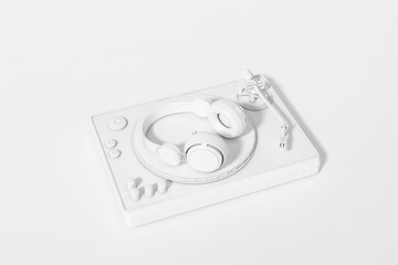 White Headphones and Portable Turntable on a white background 3d rendering. 3d illustration modern...