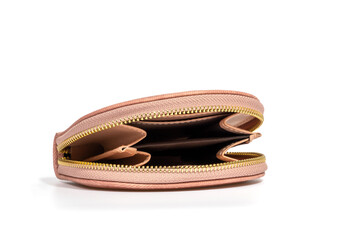 Pink leather empty wallet close-up on isolated on white background. Concept of financial assets, reliability of deposits, insurance savings
