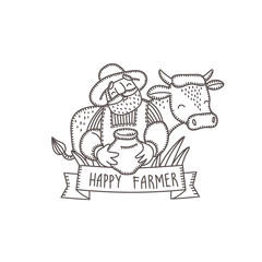 Farmer with a cow and milk. Vector logo, a design element for decorating farm products