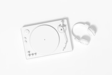 Fototapeta premium White Headphones and Portable Turntable on a white background 3d rendering. 3d illustration modern Fun Teenager Yellow Headphones with a fun and flat design template minimal music concept.