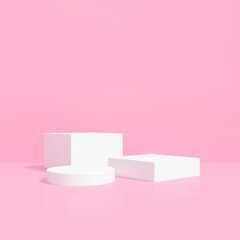 White box and Cylinder geometry podium stage backdrop on pink background for product display stand or used in other designs 3d rendering. 3d illustration template minimal style concept.