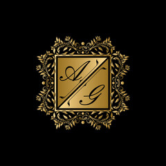 Golden floral badge with A and Y uppercase letters. Vector letter stamp for wedding, greeting cards, invitations design.