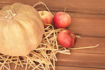Orange pumpkin on the hay next to three red apples on a dark wooden background. autumn mood.