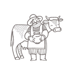 Farmer with a cow and a jug of milk. Vector logo, a design element for decorating farm products