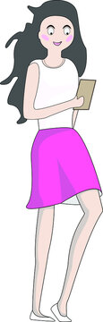 Vector image of a sympathetic girl with long hair in a skirt and with a phone