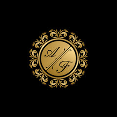 Naklejka premium Luxury golden circle badge with A and F uppercase letter. Vector letter stamp for wedding, greeting cards, invitations design.