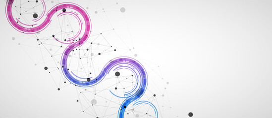 Technical background with plexus effect and wave made of techno circles.