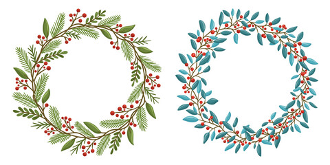 Collection of winter wreaths with berries. Modern design for Holidays invitation card, poster, banner, greeting card, postcard, packaging, print. Vector illustration.