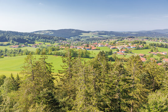 Overlooking the village of Neuschonau amidst the rolling hills at the border of the Bavarian Forest