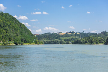 The confluence of the Danube and the Inn seen from the tip of the old city of Passau