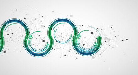 Technical background with plexus effect and wave made of techno circles.