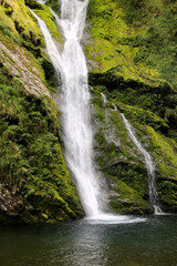 waterfall in a wild landscape in the middle of the pristine fore