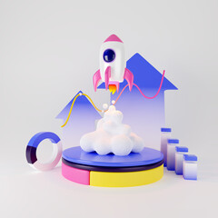 Rocket launch. Business startup development. Launching new product or service. 3d render