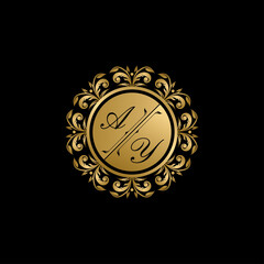 Luxury golden circle badge with A and H uppercase letter. Vector letter stamp for wedding, greeting cards, invitations design.