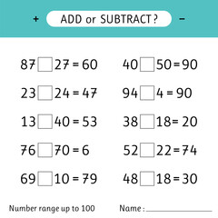 Add or subtract. Number range up to 100. Addition and subtraction. Worksheets for kids. Mathematical exercises