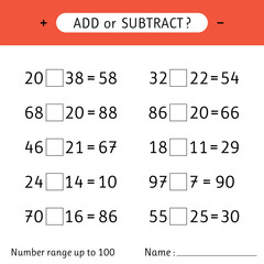 Add or subtract. Number range up to 100. Mathematical exercises. Worksheet for kids. Addition and subtraction