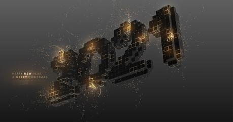 2021 3d elegant Christmas and New Year background. Trendy modern geometric elements, particles magic effects. Holiday winter invitations with gold confetti and Xmas decorations. Vector illustration