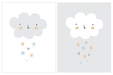 Fototapeta premium Cute Abstract Baby Shower Vector Illustrations Set with Hand Drawn Clouds. Simple Infantile Style Nursery Art. Fluffy Clouds and Rain of Stars and Hearts Isolated on a White and Light Gray Background.