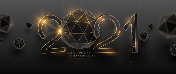 2021 3d elegant Christmas and New Year background. Trendy modern geometric elements, particles magic effects. Holiday winter invitations with gold confetti and Xmas decorations. Vector illustration