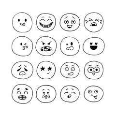 Hand drawn funny smiley faces. Sketched facial expressions set. Collection of cartoon emotional characters. Kawaii style. Emoji icons