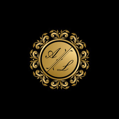 Fototapeta premium Luxury golden circle badge with A and H uppercase letter. Vector letter stamp for wedding, greeting cards, invitations design.