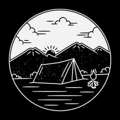 Illustration of camp in the mountains in white. Illustration design for apparel products, mugs and wall posters