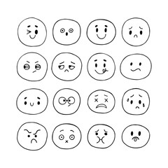 Fototapeta premium Happy hand drawn funny smiley faces. Emoji icons. Sketched facial expressions set. Kawaii style. Collection of cartoon emotional characters