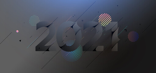2021 New Year number for holiday concept modern design with geometric 3d elements and 80s memphis bright style. Christmas techno party art with abstract shapes. Vector illustration