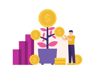 the concept of financial investment, investing, and planting stocks. illustarsi of a man or businessman harvesting or taking money from a coin tree. results and benefits. flat style. design elements