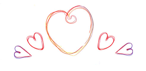 template of hand drawn colored pencil hearts colored in a row on a white background