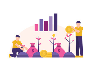 the concept of financial investment, investing, and planting stocks. illustration of two businessmen harvesting or taking money from a coin tree. yields and benefits. flat style. design elements