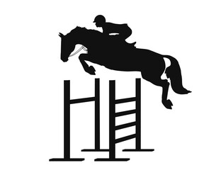 Equestrian athlete jumping sportive horse over obstacles vector silhouette
