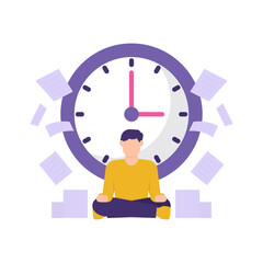 illustration of a man doing meditation in front of a clock and paper assignments. sitting lotus yoga pose. the concept of time management, deadlines, and breaks. relax and refresh the mind. flat style