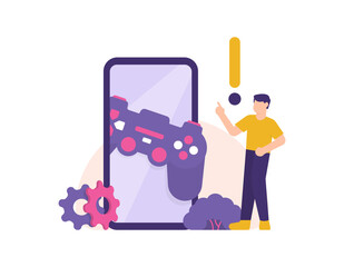 concept hints or game guides. The controller illustration appears from the smartphone and the person is shocked. exclamation mark and gear symbol. user help. flat style. design elements