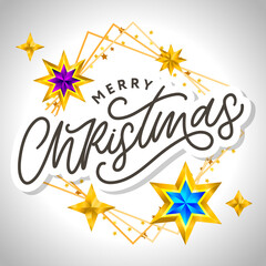 Merry Christmas card with hand drawn lettering and stars on dark background. Cute Holiday golden frame background