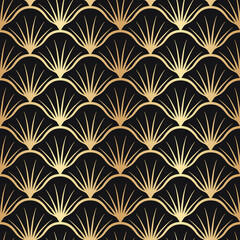 Art deco fan gold. Seamless pattern golden nouveau. Gatsby gold texture. Vintage scale ornate background. Classic great style. Roaring ornament. Elegant motif. Delicate design shell for prints. Vector