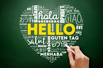 Hello Love Heart word cloud in different languages of the world on blackboard