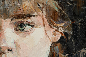 Portrait of a girl in a black hat. Oil painting on canvas.